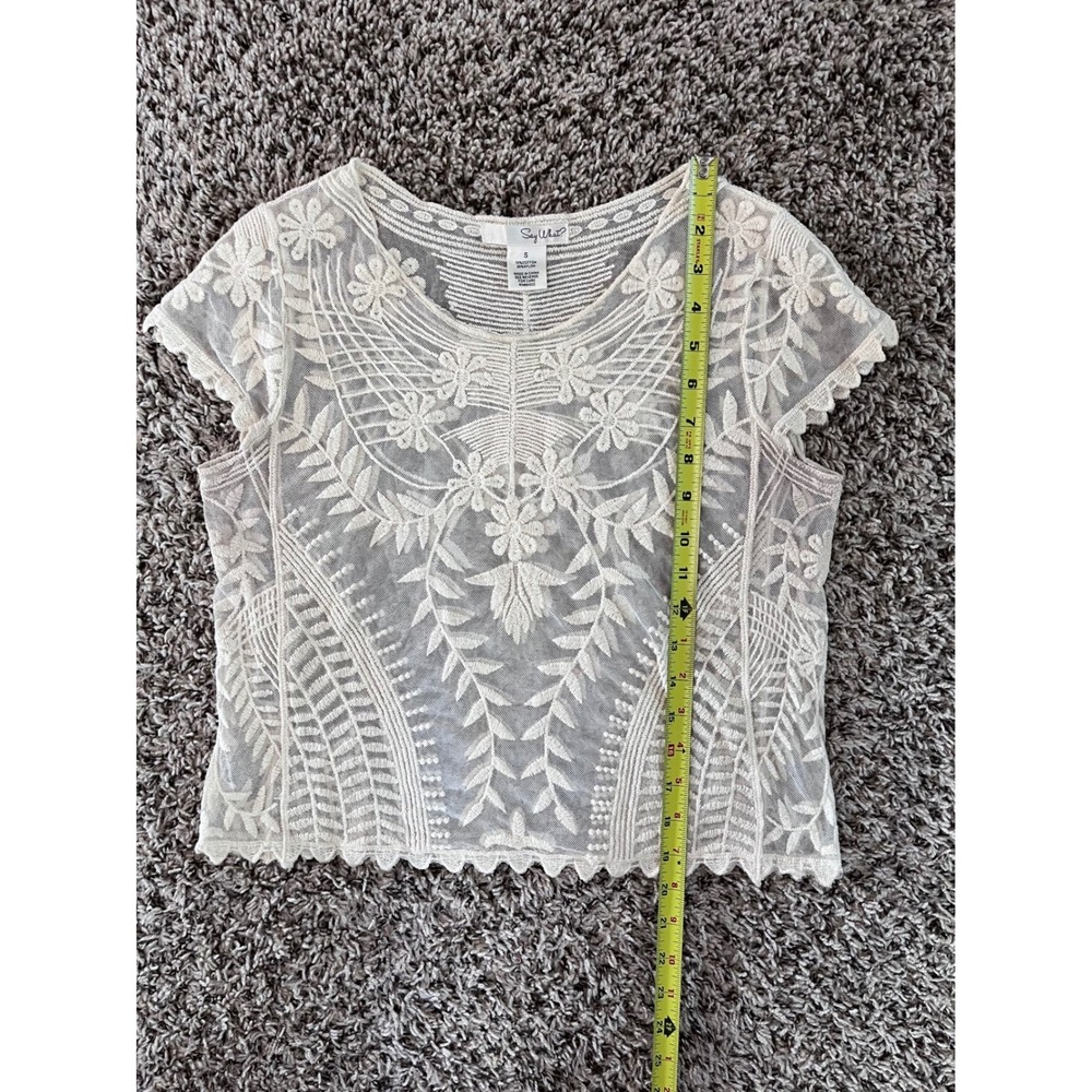 Say What? Womens Cream Sheer Mesh Floral Embroidered Crop Top Boho Small - Picture 5 of 5
